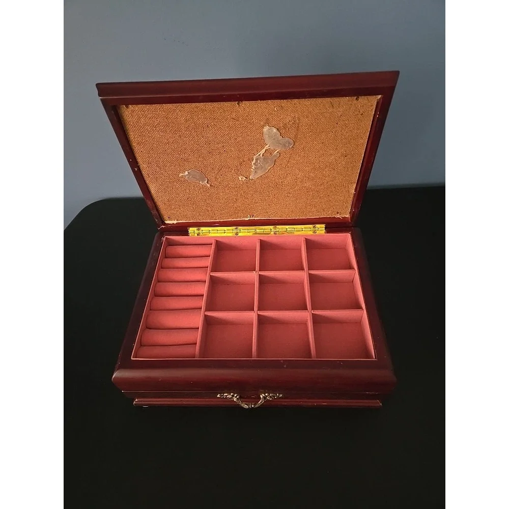 Vintage Floral‎ Tapestry Top Wood Hinged Jewelry Box Pink Velvet Lining READ